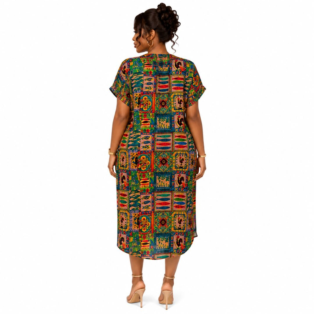 V Neck Multi Patterned Short Sleeve Tunic Dress